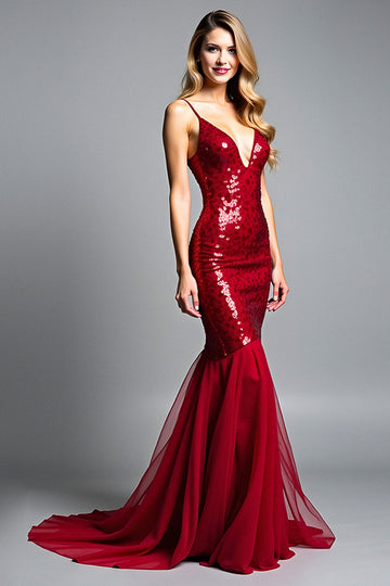 Robe de bal à bretelles spaghetti rouge sirène à col en V à sequins